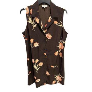 Studio 1 Women's 20W Brown Floral Button Up Sleeveless Dress Summer Lightweight